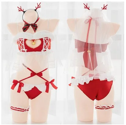 Christmas Red Cute Sweet Hollow Out Bell Santa Lingerie Set BE195R