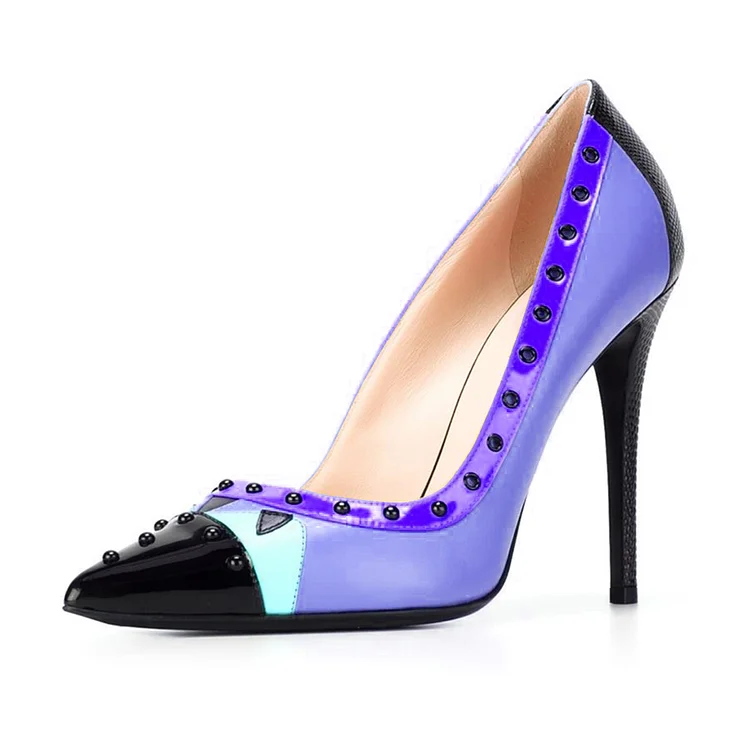 Purple & Black Patchwork Pointy Toe Studs Pumps for Office Lady |FSJ Shoes