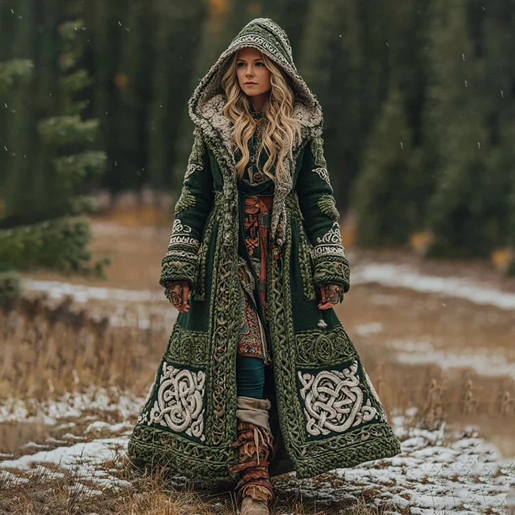 Women's Viking Celtic Knot Jacquard Color Block Art Hooded Knit Cardigan
