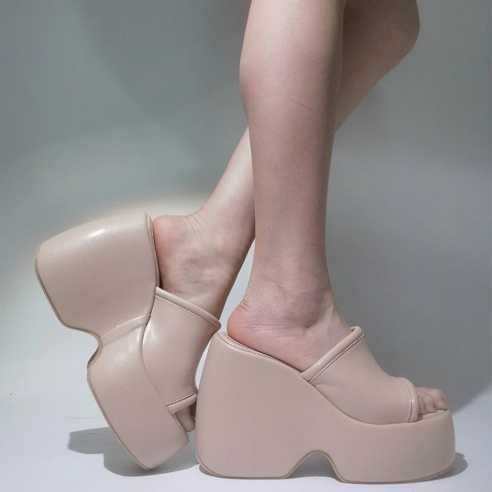 Qengg Slip On Open Toe Summer Women Mules Sandals Shoes Punk Thick Bottom Wedges Chunky Heel Casual Leisure Orange Shoes