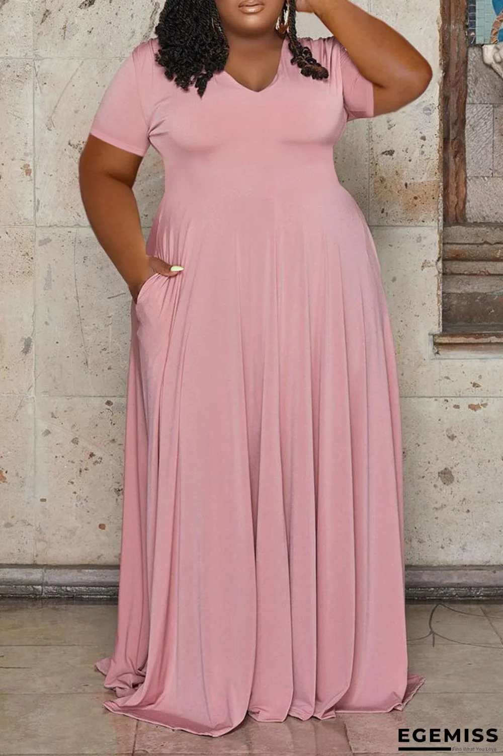 Pink Casual Solid Patchwork V Neck Straight Plus Size Dresses | EGEMISS