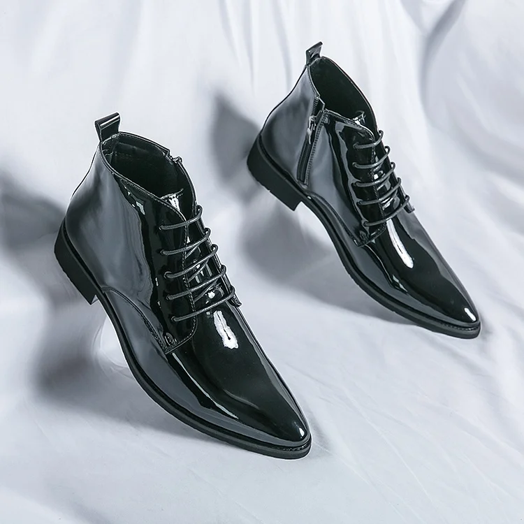 Kakacloud High Quality Trendy Lace Up Comfortable High Top Pointed Leather Shoes for Men's Patent Leather Glossy Fashionable Short Boots