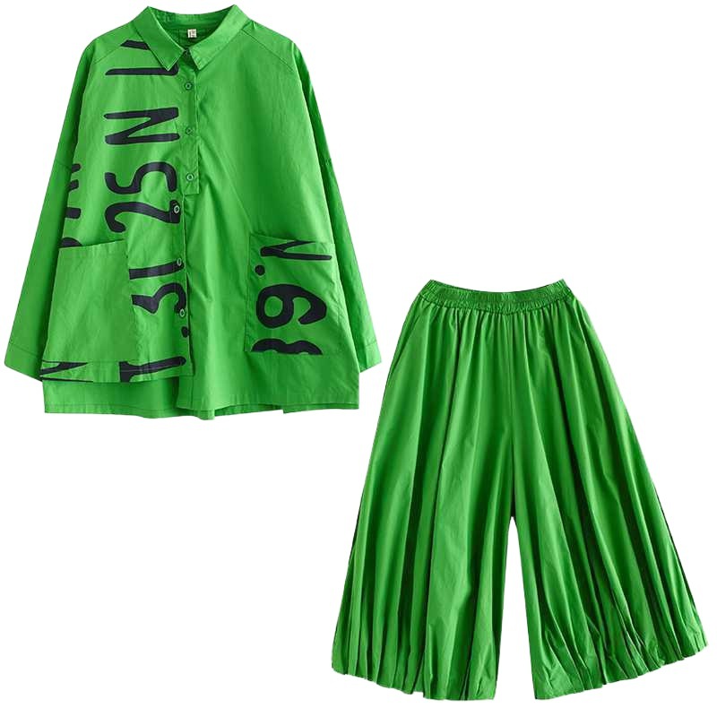 Irregular Alphabet Print Blouse and Wide Leg Pants Suits