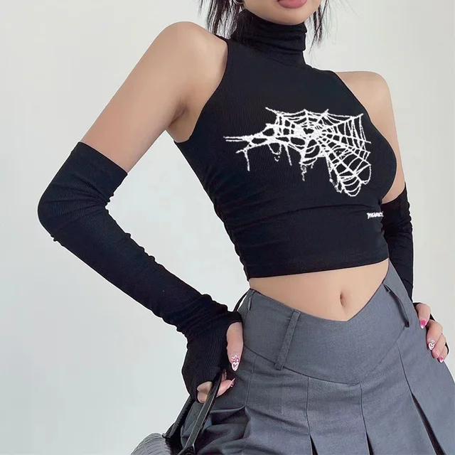 Gothic Spider Print Tank Top for Women Summer Y2k Tops Black Oversleeve Sexy Turtleneck Slim Short Skinny Streetwear Crop Top