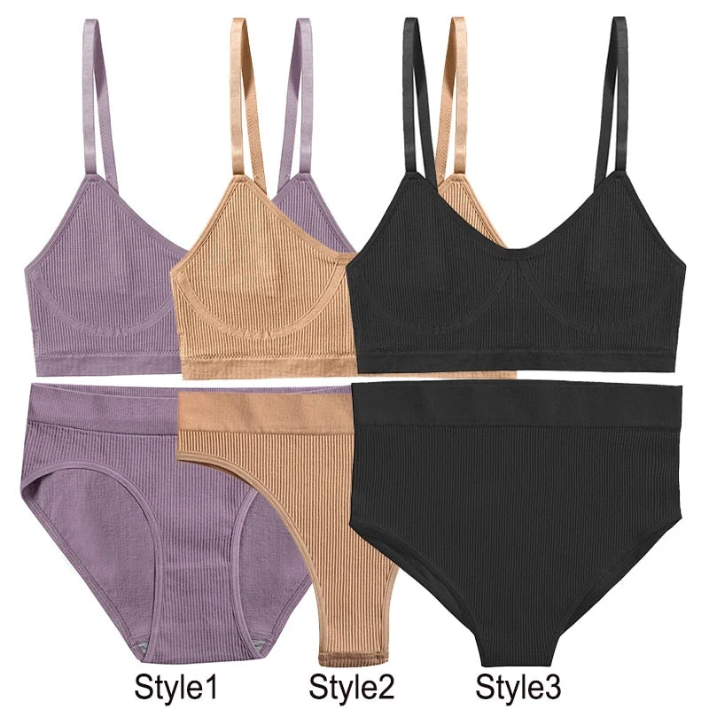2PCS Bra Set Women Sexy Bralette Sexy Female Underwear Lingerie Ribbed Tops Girls Fashion Brassiere Basic Stretchy Tank Crop Top