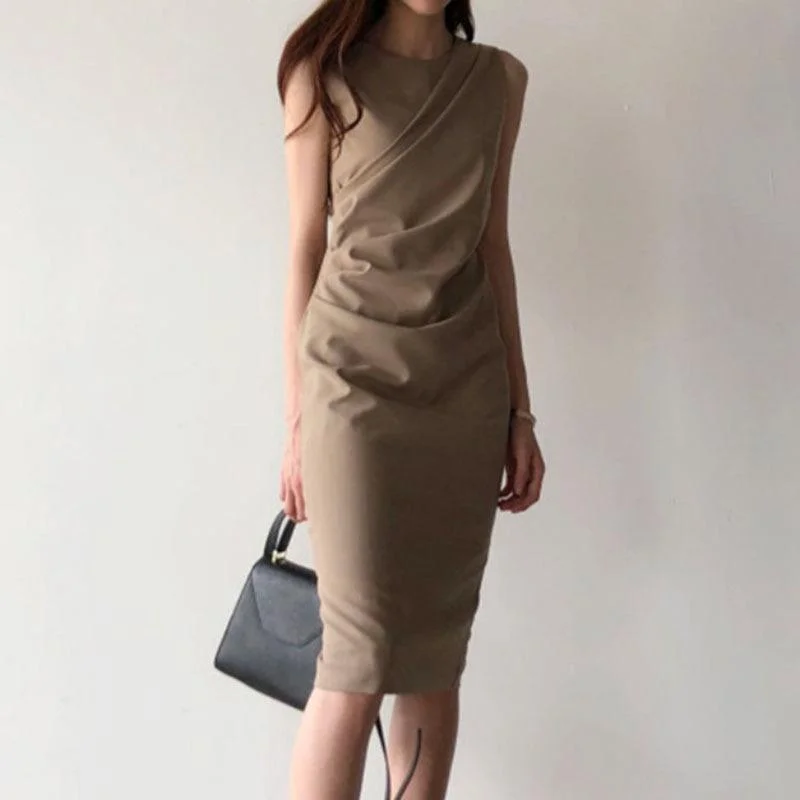 Elegant professional round neck design sense bag hip dress
