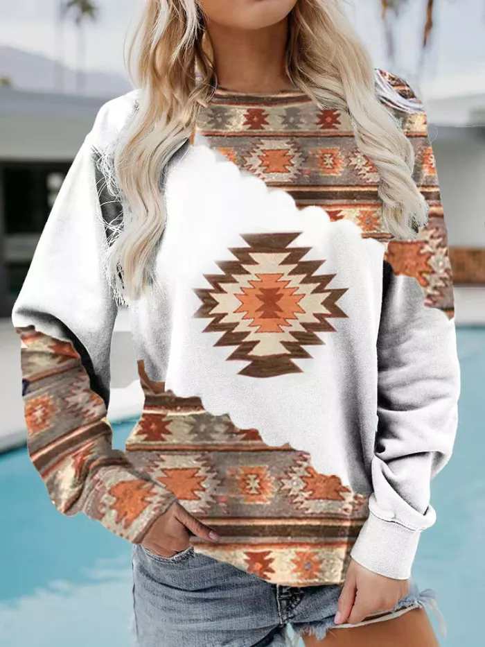 Women's Sweatshirt Western Style Aztec Tribal Pattern Crew Neck Long Sleeve Sweatshirt