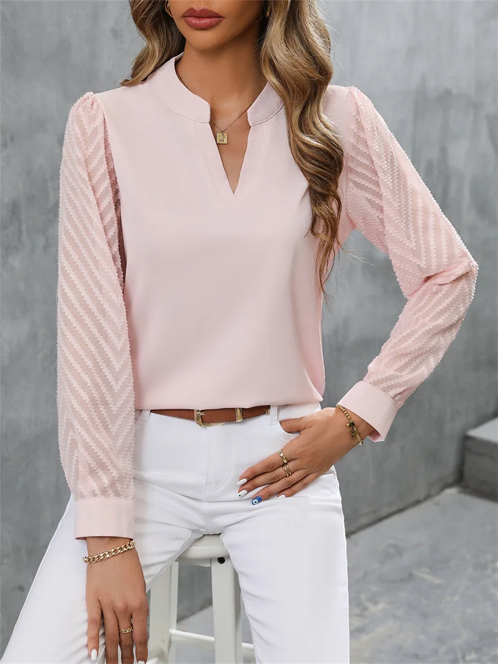 Women's Fashion New Splicing Chiffon Long-sleeved Solid Colour V-neck Shirt S-XL-Cosfine