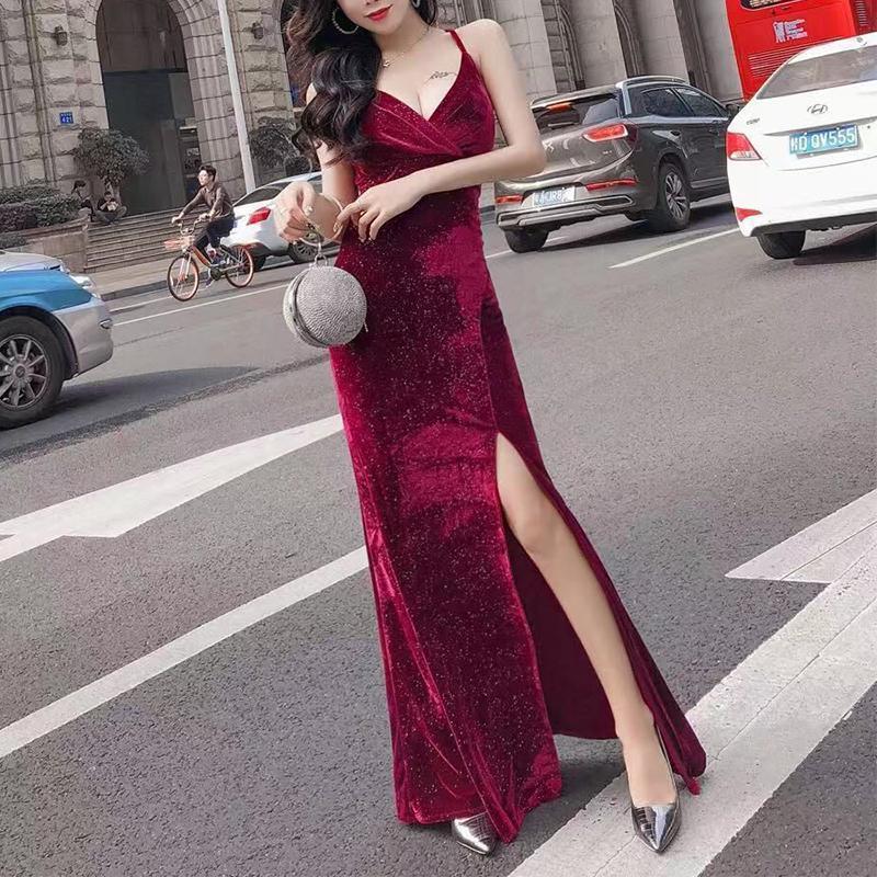 Sexy Deep V Slit Pure Colour Slim Evening Dress