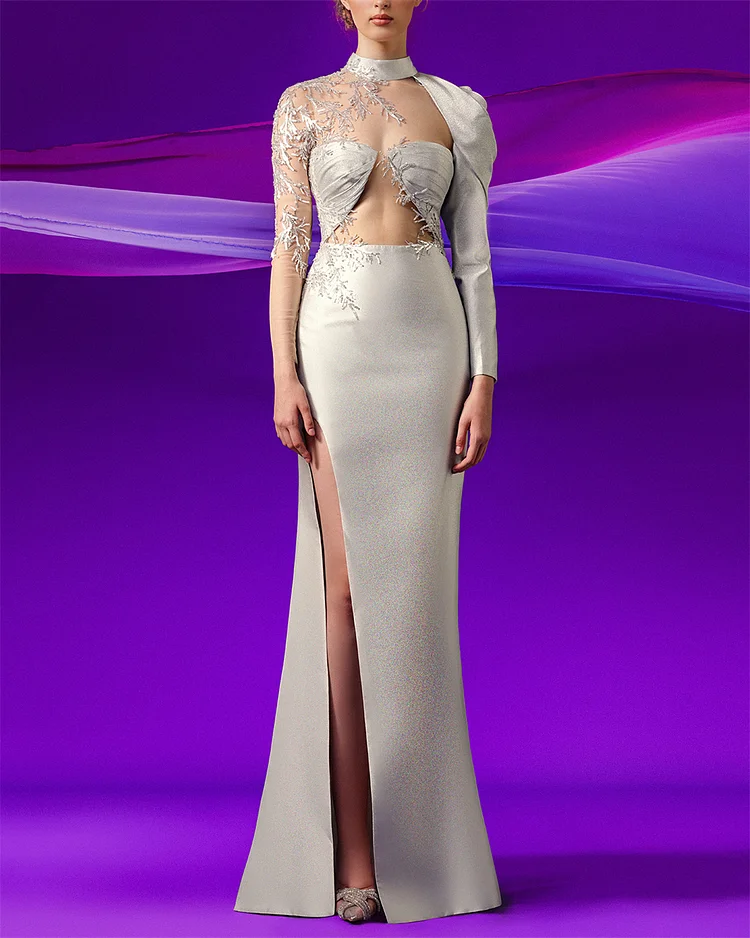 Women's Gray Mesh Embroidery Slit Dress
