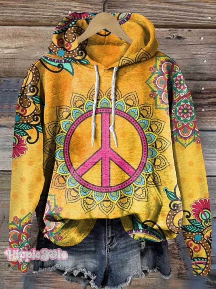 Retro Hippie Peace Sign Love And Ethnic Pattern Casual Hoodie Sweatshirt Multicolor / S