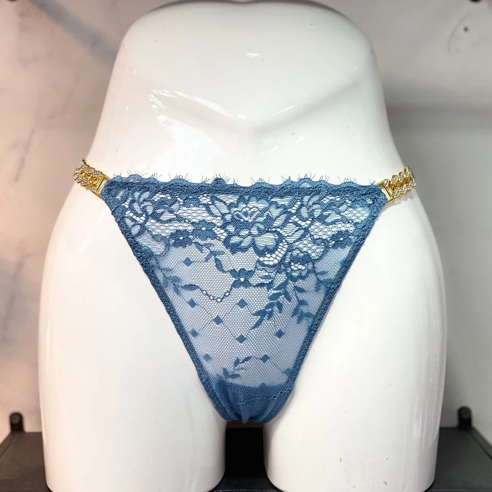 Athvotar Athvotar Diamond Metal Chain Lady T-Shirt Trousers Thin Perspective Lace T Pants Thin Cotton Crotch Trousers