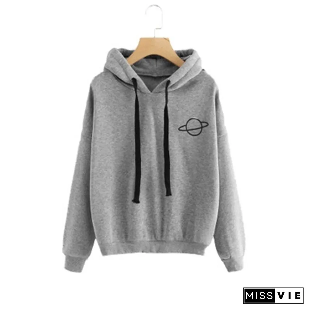 Print Planet Hoodie Women Spring Autumn Yellow Pullovers Ladies Solid Color Drawstring