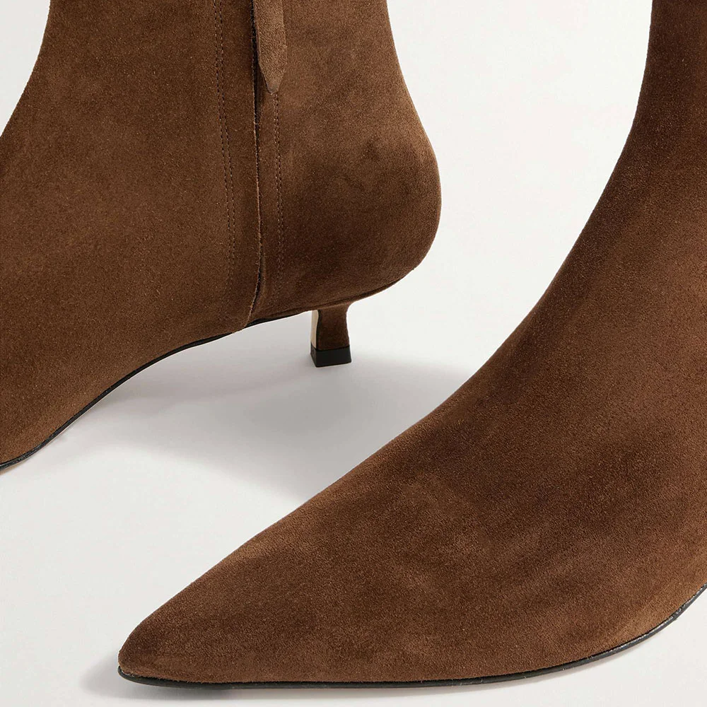 Vegan Suede Side Zipper Pointed Toe Kitten Heel Ankle Boots in Brown