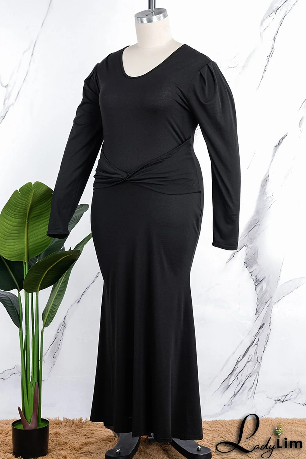 Orange Casual Solid Patchwork V Neck Long Sleeve Plus Size Dresses