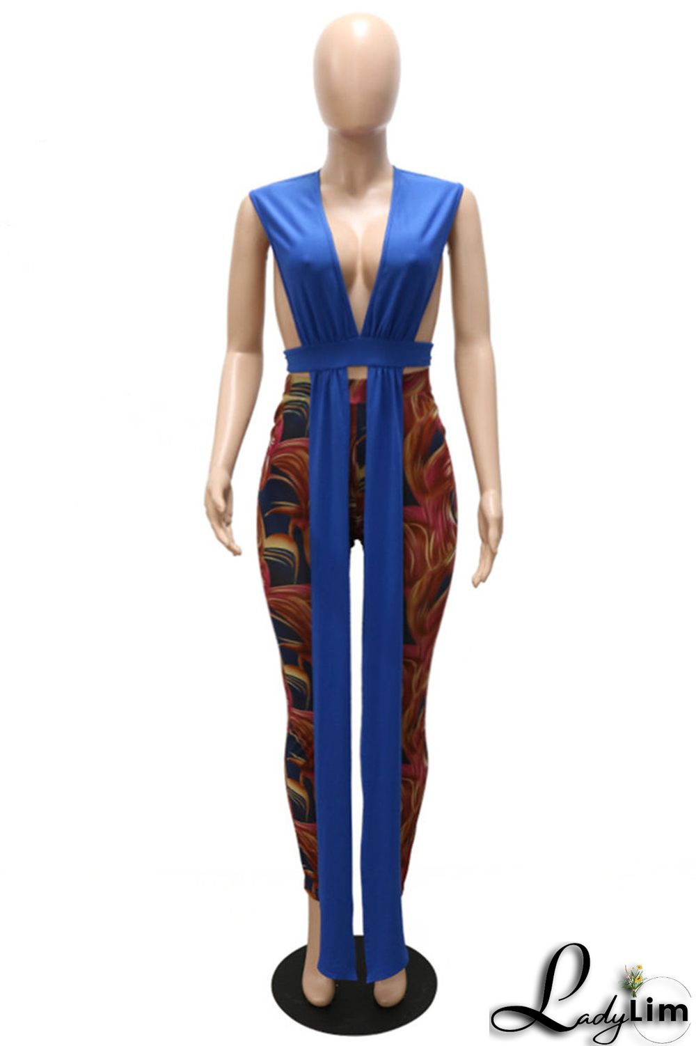 Rose Red Fashion Sexy Print Split Joint V Neck Sleeveless Two Pieces