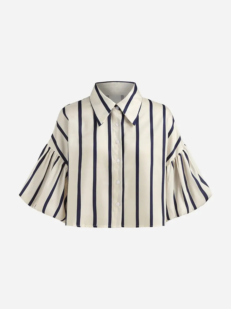Turndown Collar Lantern Sleeve Striped Blouses