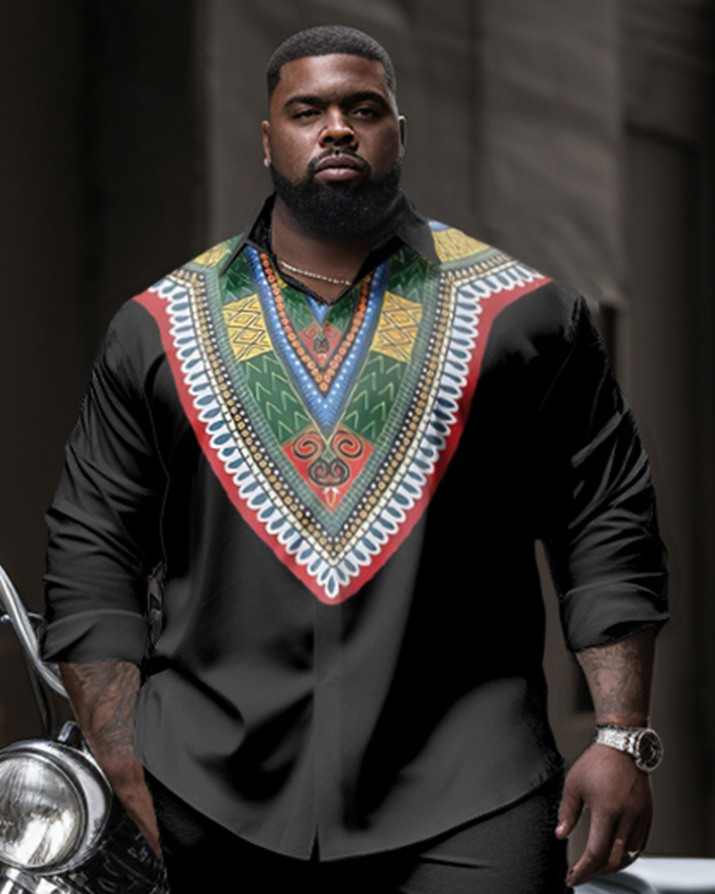 Men's Plus Size Fashion Ethnic Long Sleeve Lapel Shirt and Pants Set