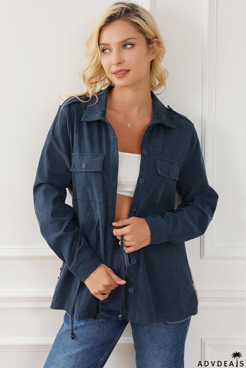 Geometric Button Up Drawstring Collared Neck Jacket