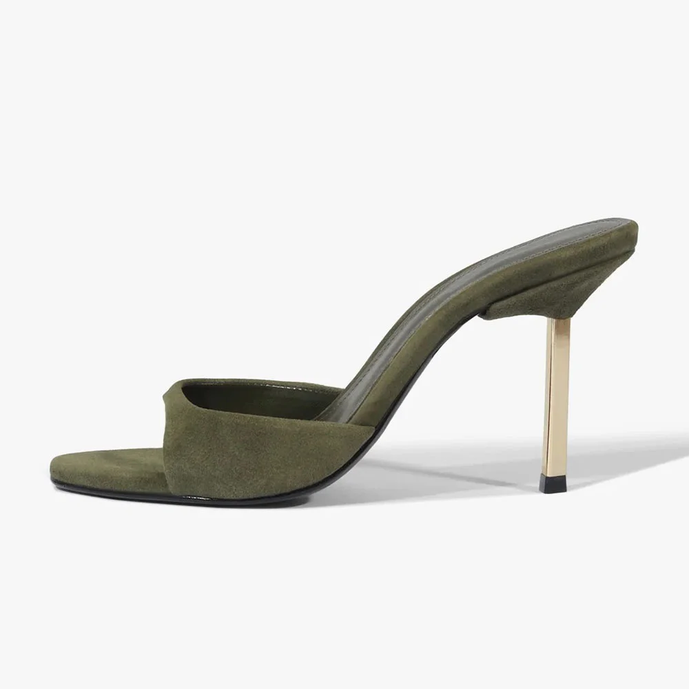 Vegan Suede Stiletto Heel Single Strap Mule Shoes for Women in Olive