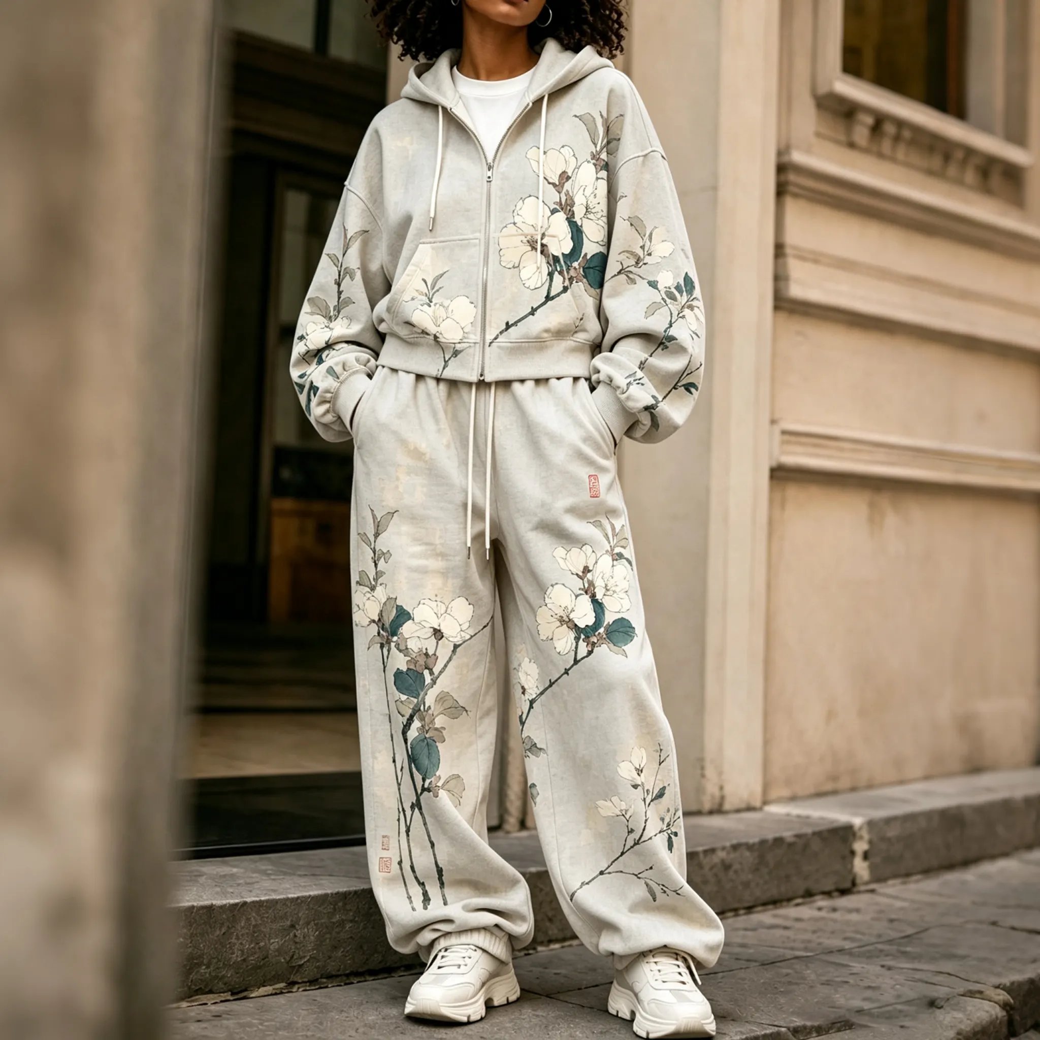 Comstylish Comstylish Women's Japanese Floral Art Print Casual Zip Up Hoodie Two Piece Set