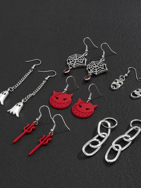 Halloween Sweet Cool Demon Spider Web Retro Skull Earrings