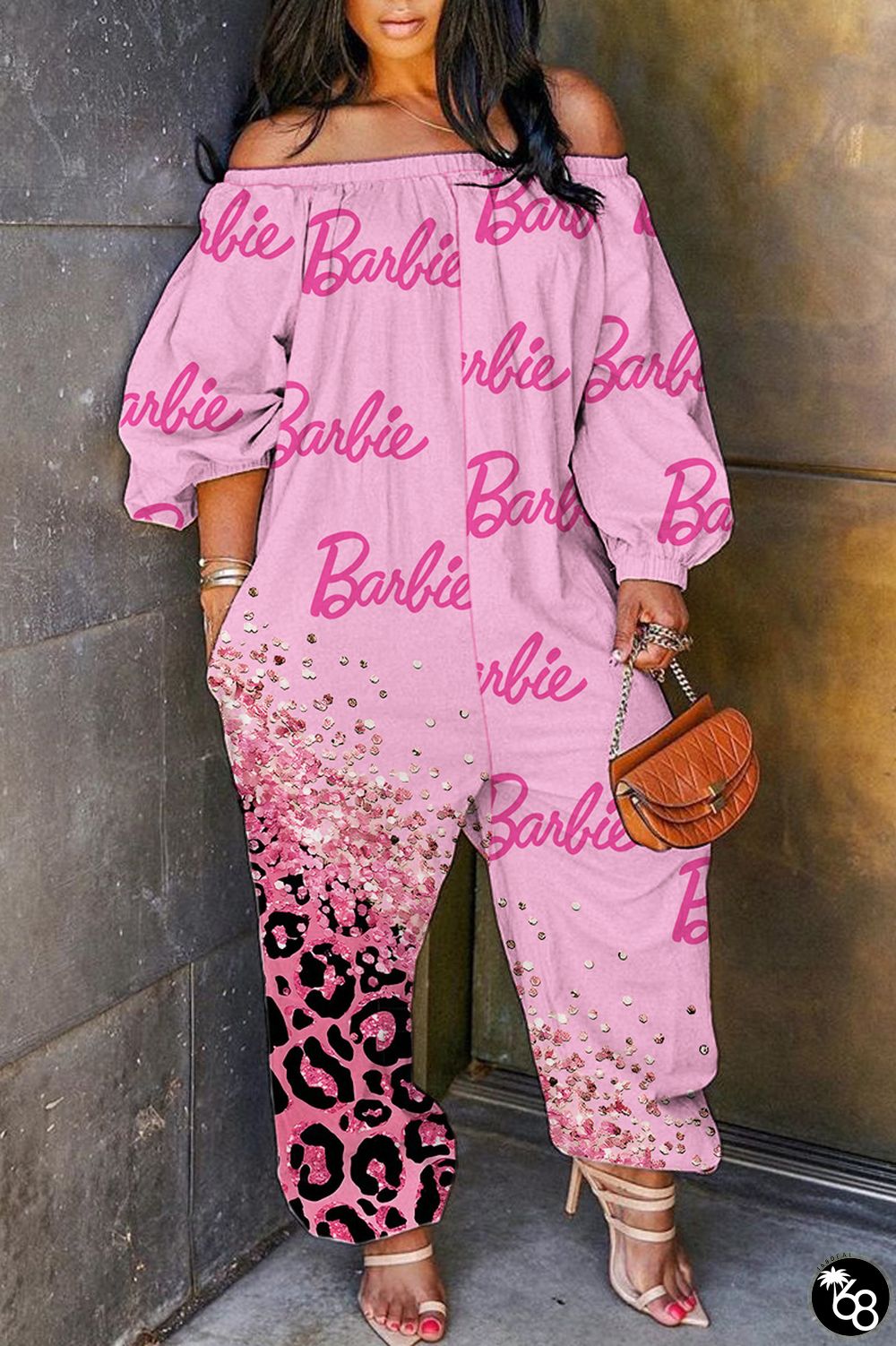 Rose Pink Casual Letter Print Basic Off the Shoulder Regular Jumpsuits | 168DEAL