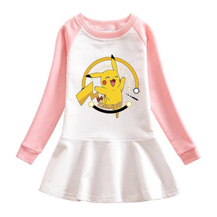 Cute Pikachu Print Girls Long Sleeve Frill Hem Cotton Sweatshirt Dress-Mayoulove