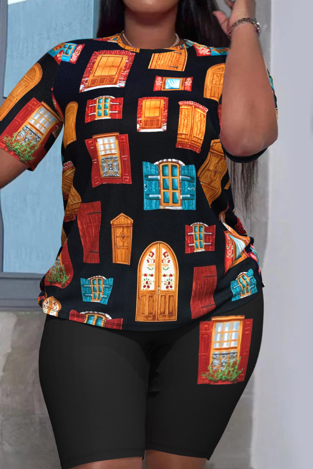 Plus Size Casual Black Pattern Print Round Neck Short Sleeve Two Piece Short Sets [Pre-Order]