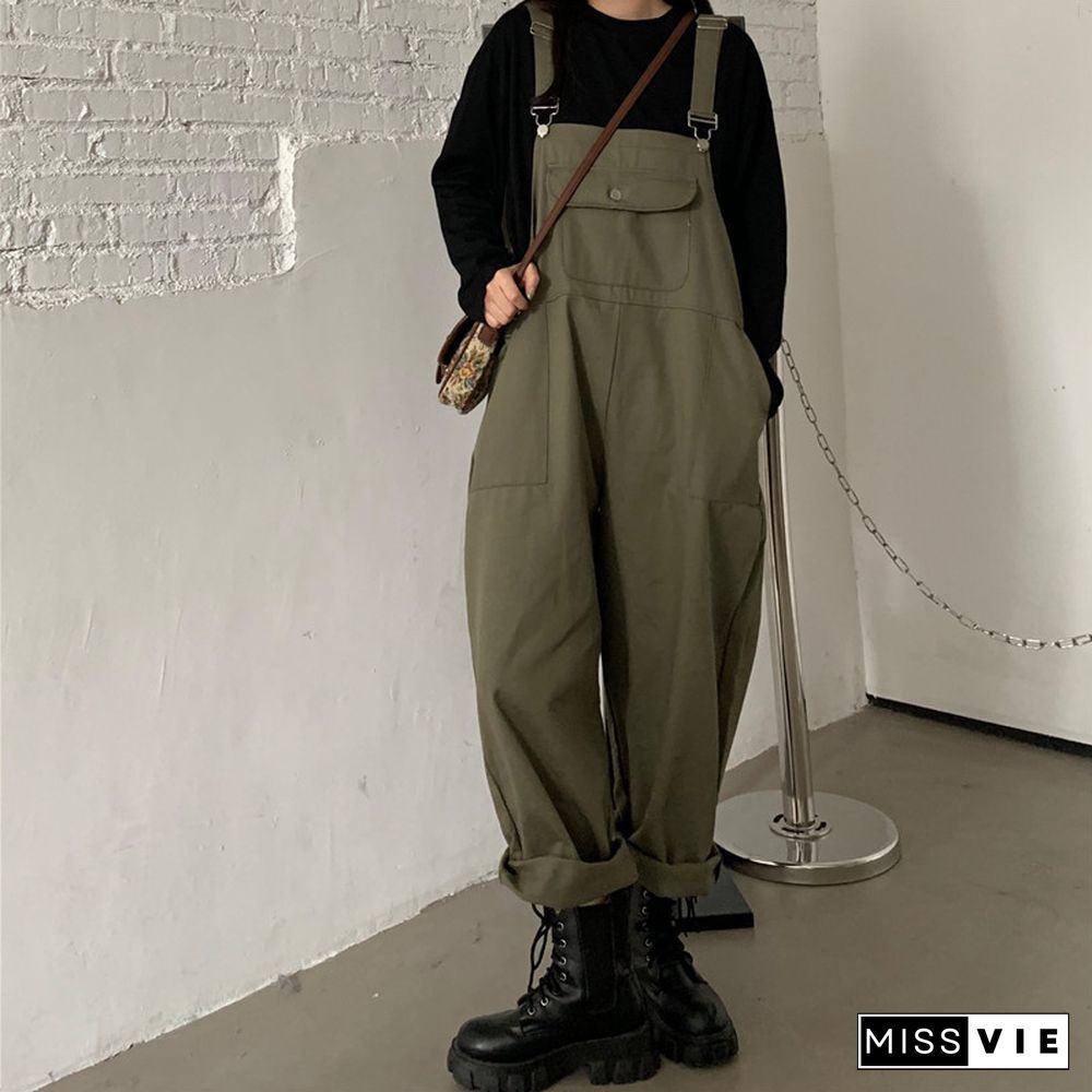 Cool Loose Pure Color Shirt Overalls Set