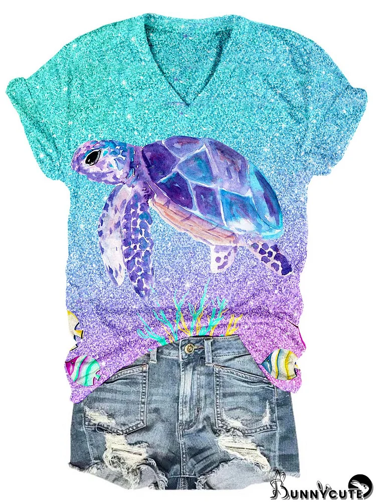 Glitter Sea Turtle Print V Neck T-shirt