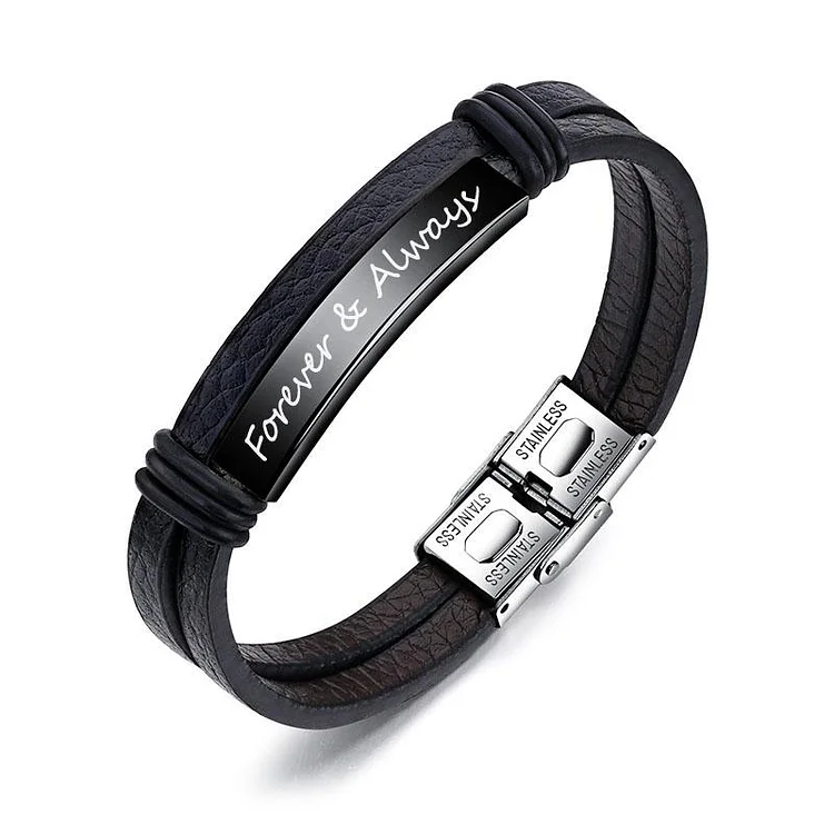 Mens Leather Bracelet Black Engraved Personalized Bracelet Stainless Steel in Gold