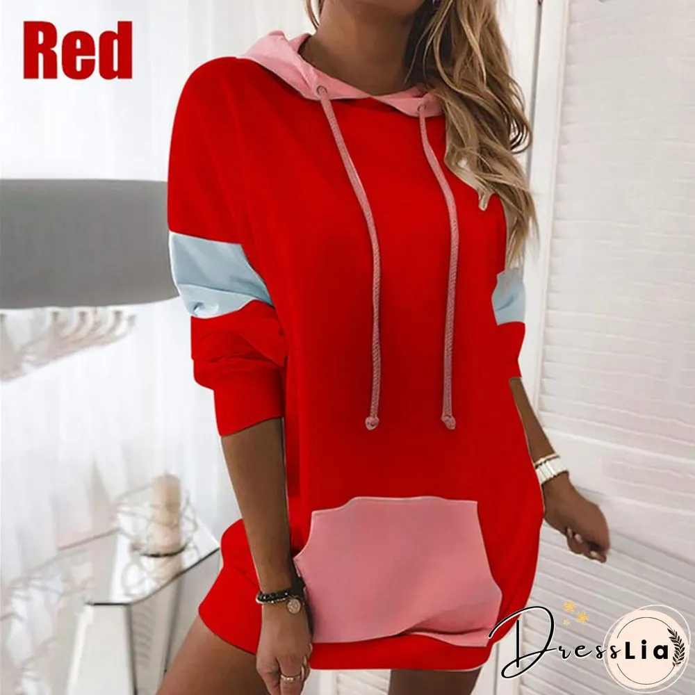 New Winter Womens Fashion Warm Loose Pullover Dress Long Sleeve Hoodies Color Block Mini