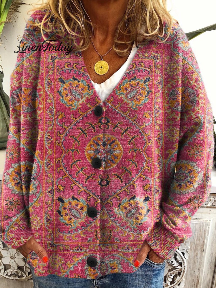 Women’s Retro Flowers Totem Print Buttoned V-Neck Cardigan Sweater Multicolor / S