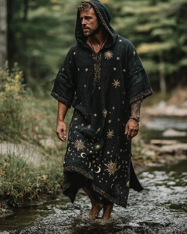Men's summer vacation star and moon 3D embroidery casual linen hooded kaftan 5082