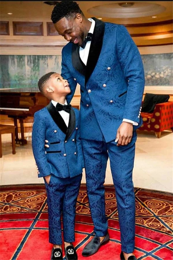 Double Breasted Ocean Blue Jacquard Wedding Suit For Men With Black Lapel | Ballbellas Ballbellas