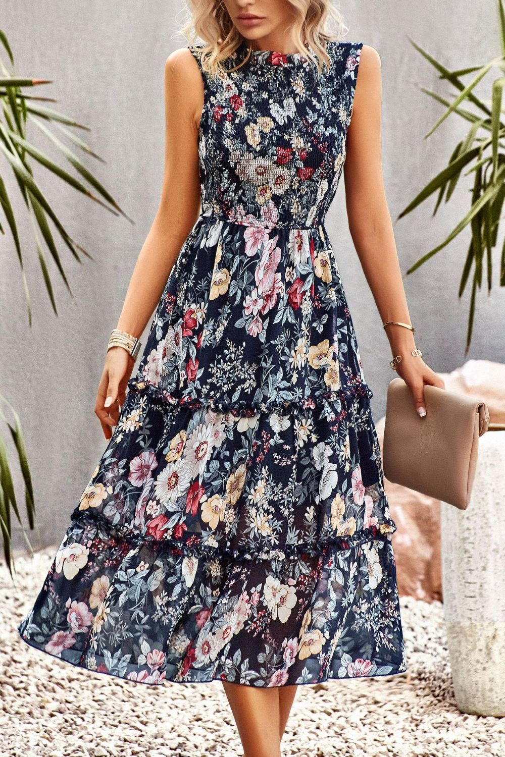 LLYGE Frill Trim Smocked Sleeveless Midi Dress llyge