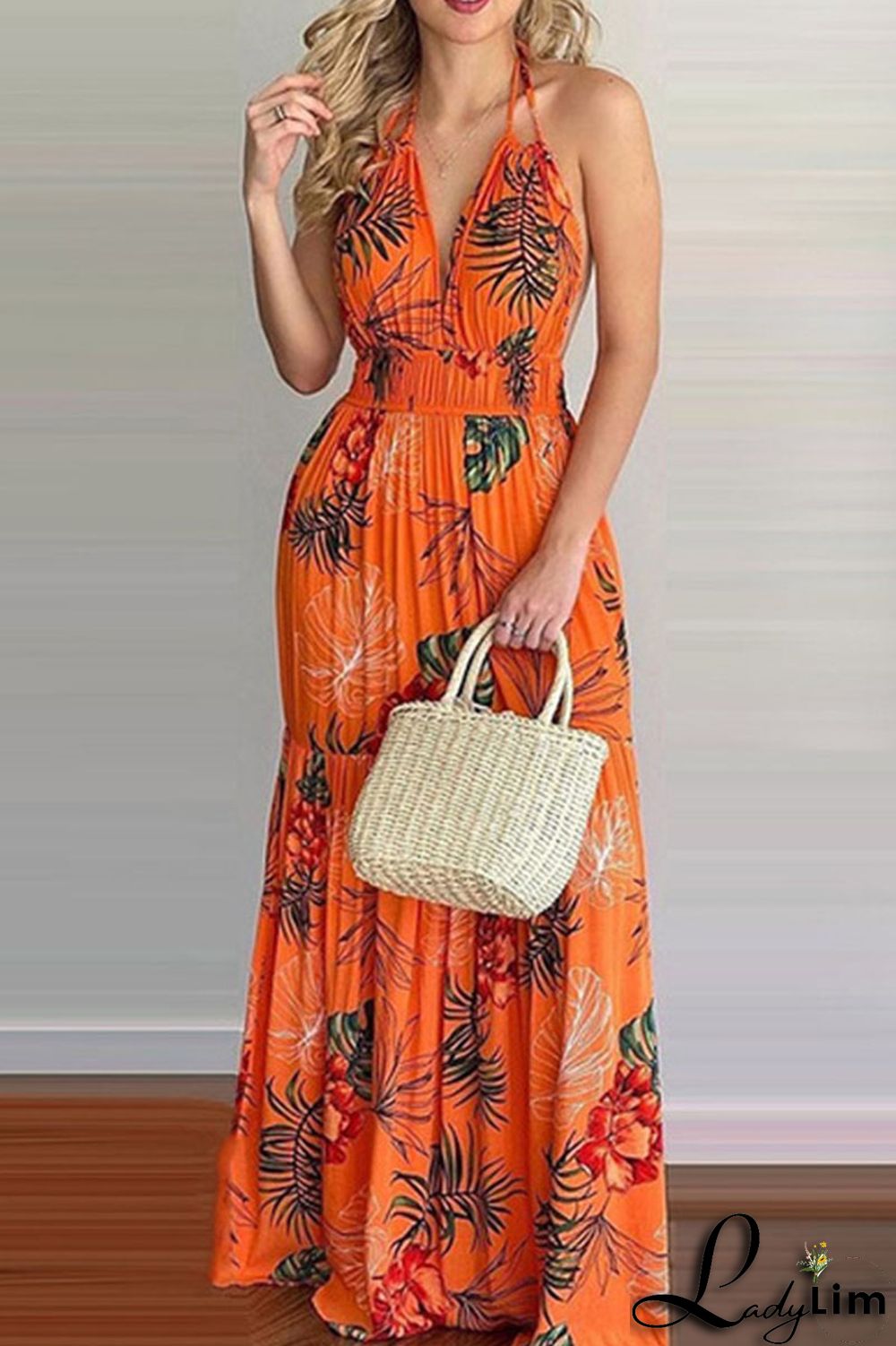 Yellow Sexy Print Split Joint Backless Halter Straight Dresses