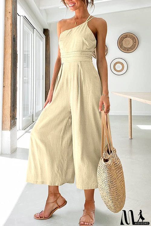 MidiSono - One Shoulder Straps Wide Leg Jumpsuits