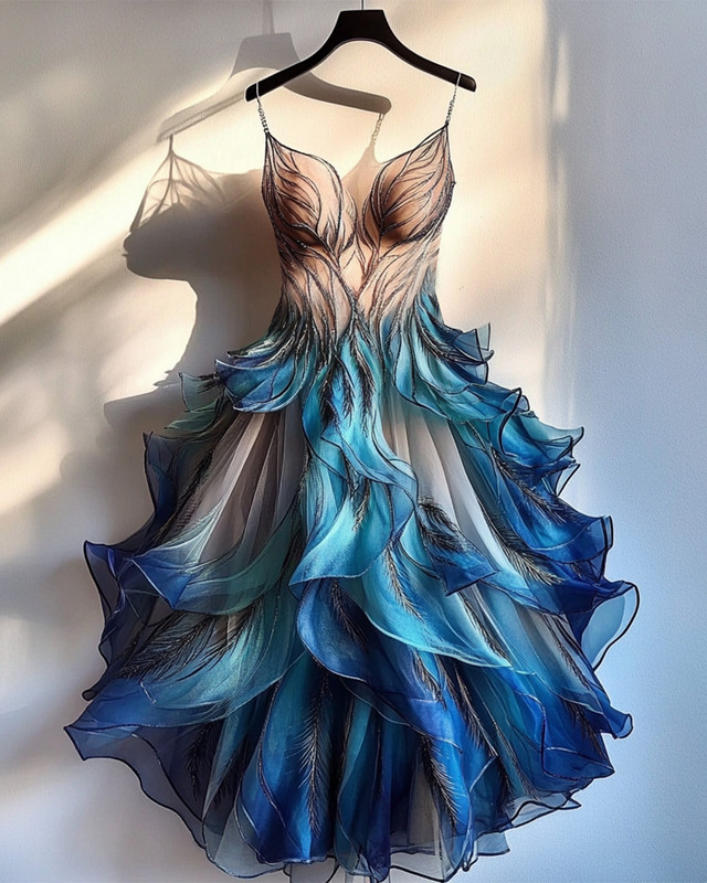 Summer fashion trendy feather theme print irregular multi-layer dress 43e1