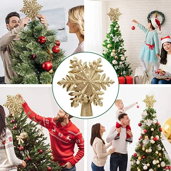 🔥kukelife🔥Christmas-Christmas tree topper lighted with golden snowflake projector led rotating magic snowflake 3d hollow glitter lighted gold snow tree topper for Christmas tree decorations
