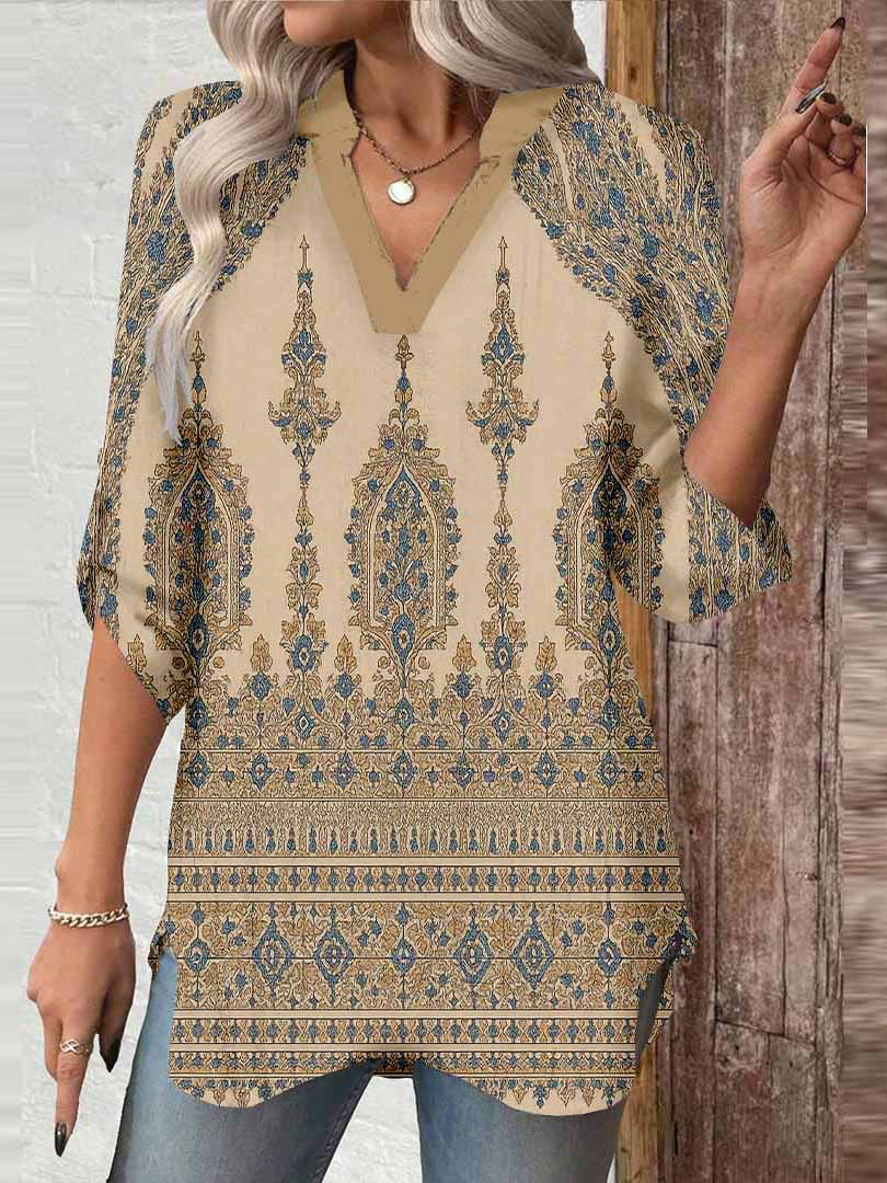 Women Retro, Bohemian, Khaki DZGA0190 3/4 Sleeve V-neck Printed Graphic Button Tops
