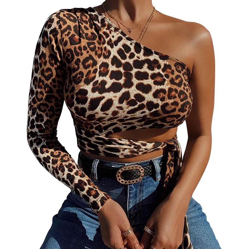 Toloer Toloer 156 Spot 2023 New Leopard Print Crop Sexy Lace Slim Inclined Shoulder T-Shirt Top Women-Outfit Ideas