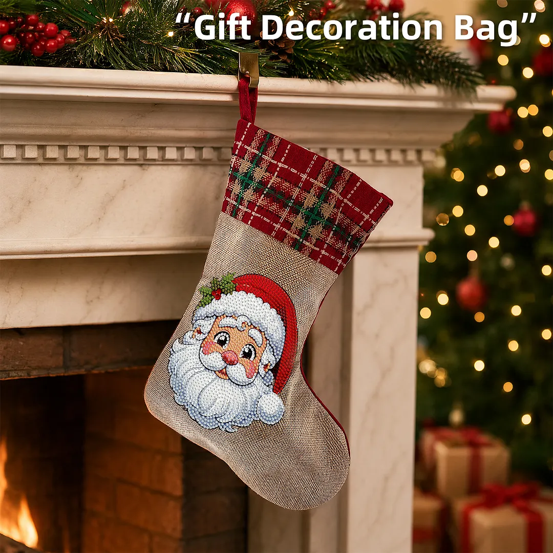 DIY Diamond Painting Christmas Stockings Hanging Ornaments Large Capacity Xmas Socks Pendant Wear Resist Candy Gift Storage Bags for Family Christmas Holiday Party Decoration (Santa Claus head)