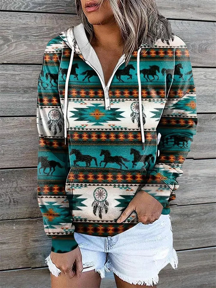 Women's Hoodie Sweatshirt Pullover Basic Ethnic Zipper Front Pocket Light Yellow Creamy-white Red-brown Geometric Tribal Street Hoodie Long Sleeve S M L XL 2XL 3XL