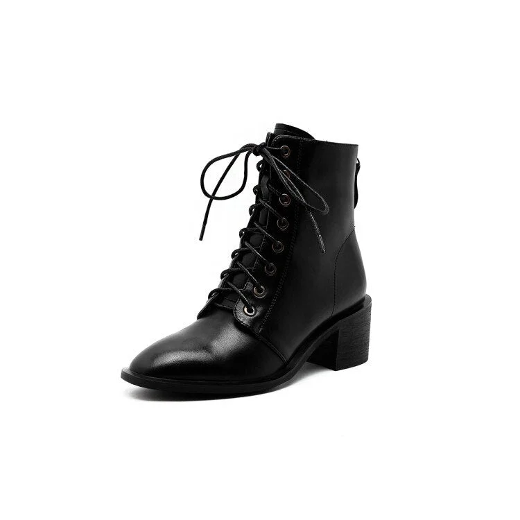 Lourdasprec Fall/Winter Women Shoes Square Toe Chunky Boots Split Leather Women Boots Lace Up Solid Women Plus Size Boots Modern Boots