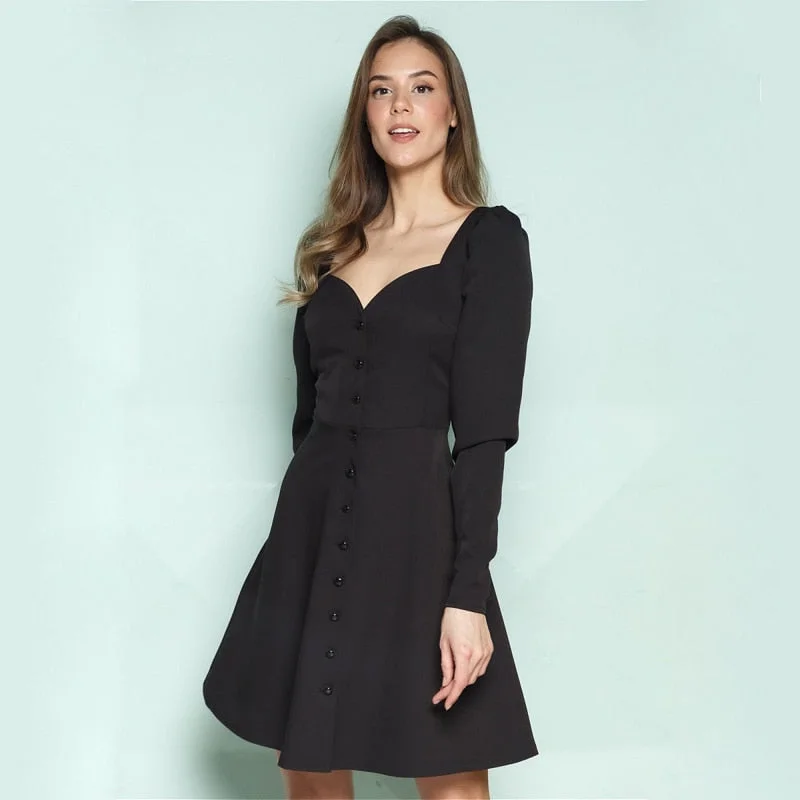 Vintage Button Dress Vestidos Ladies Trendy Solid Puff Sleeve A-line Mini Dress Women Elegant Slim All-match Mini Dress Autumn