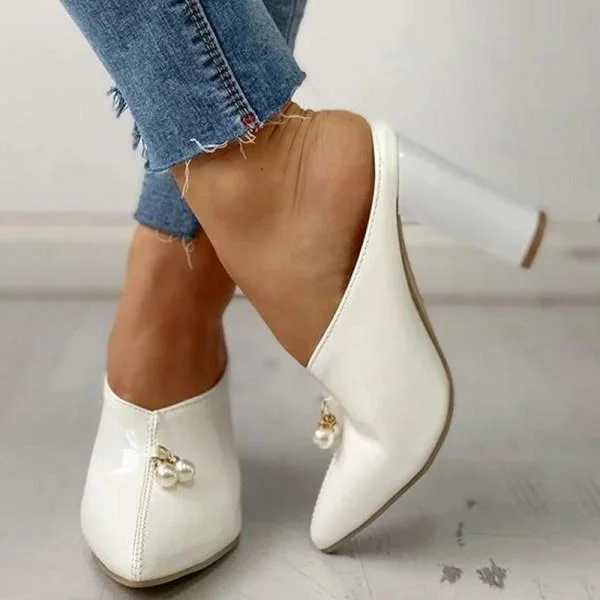 Women Pointed Pearl Patent Leather High-Heel Slippers