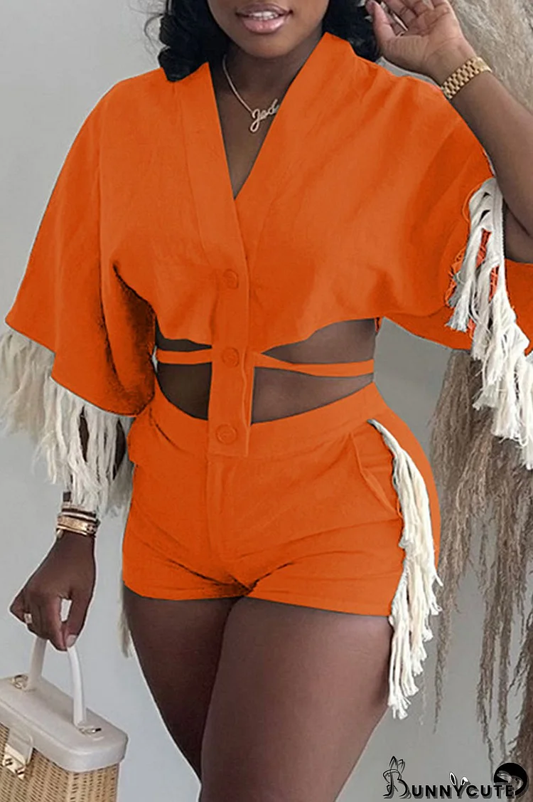 Orange Fashion Casual Solid Tassel Split Joint Frenulum V Neck Half Sleeve Two Pieces