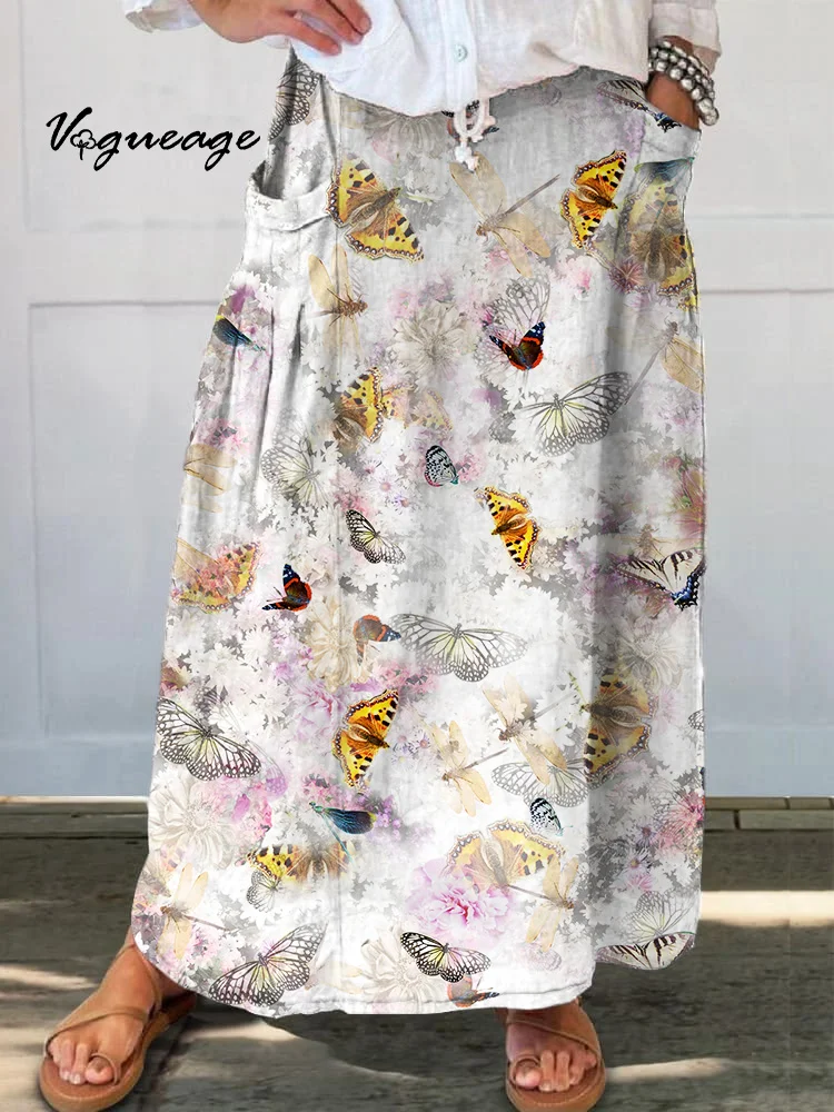 Colorful Bright Butterfly Flowers Printed Women's Casual Cotton And Linen Skirt